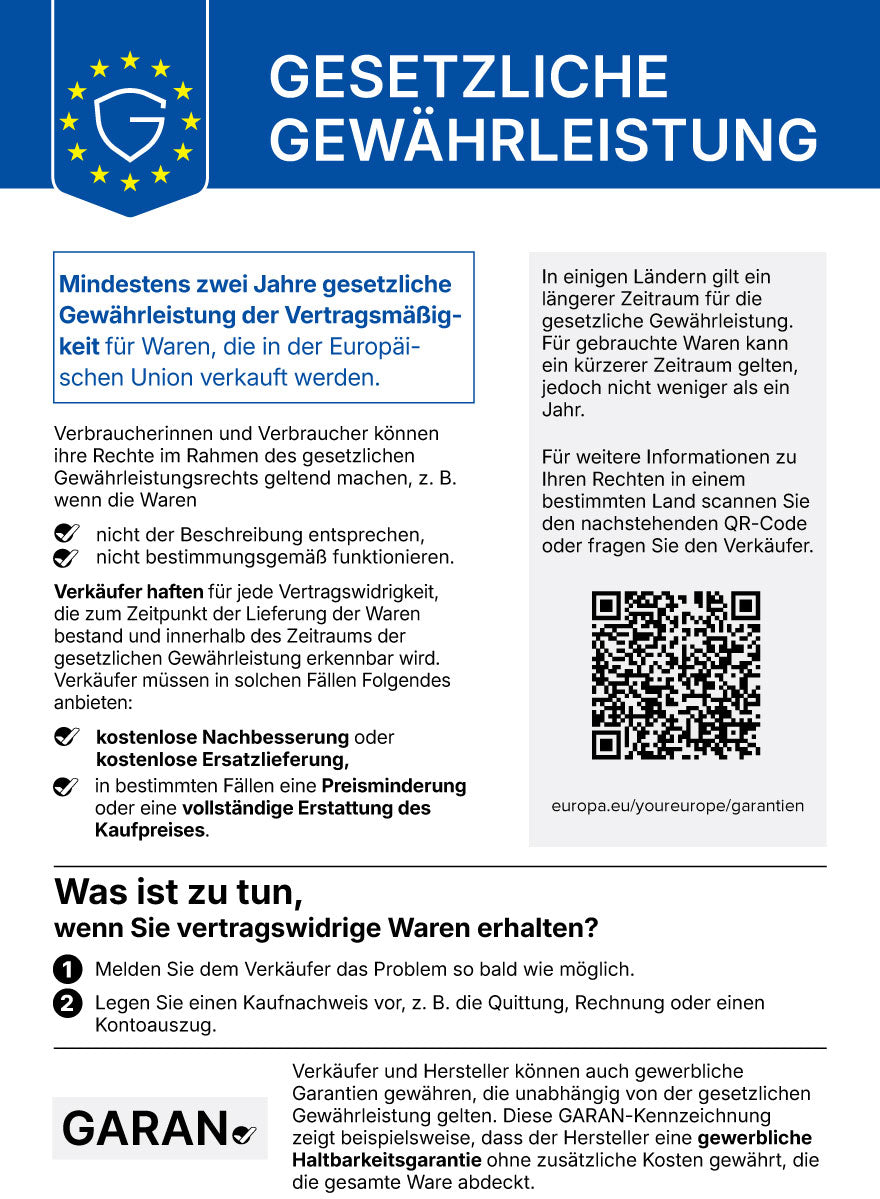 Hinweis zur gesetzlichen Gewährleistung: Mindestens zwei Jahre gesetzliche Gewährleistung für Waren, die in der Europäischen Union verkauft werden. Verkäufer haften für jede Vertragswidrigkeit, die zum Zeitpunkt der Lieferung bestand und innerhalb dieses Zeitraums erkennbar wird.